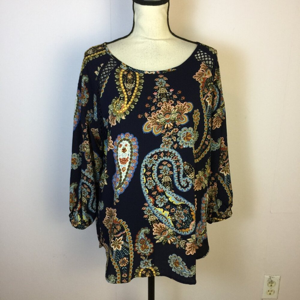 Zac & Rachel Blouse Shirt Top Size L Womans Navy Blue Paisley Print 3/4 Sleeve